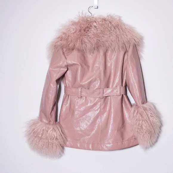 Cinq A Sept Blair Mongolian Lamb Trim Tie Waist Patent Coat Jacket Salt Pink XXS - Picture 4 of 4